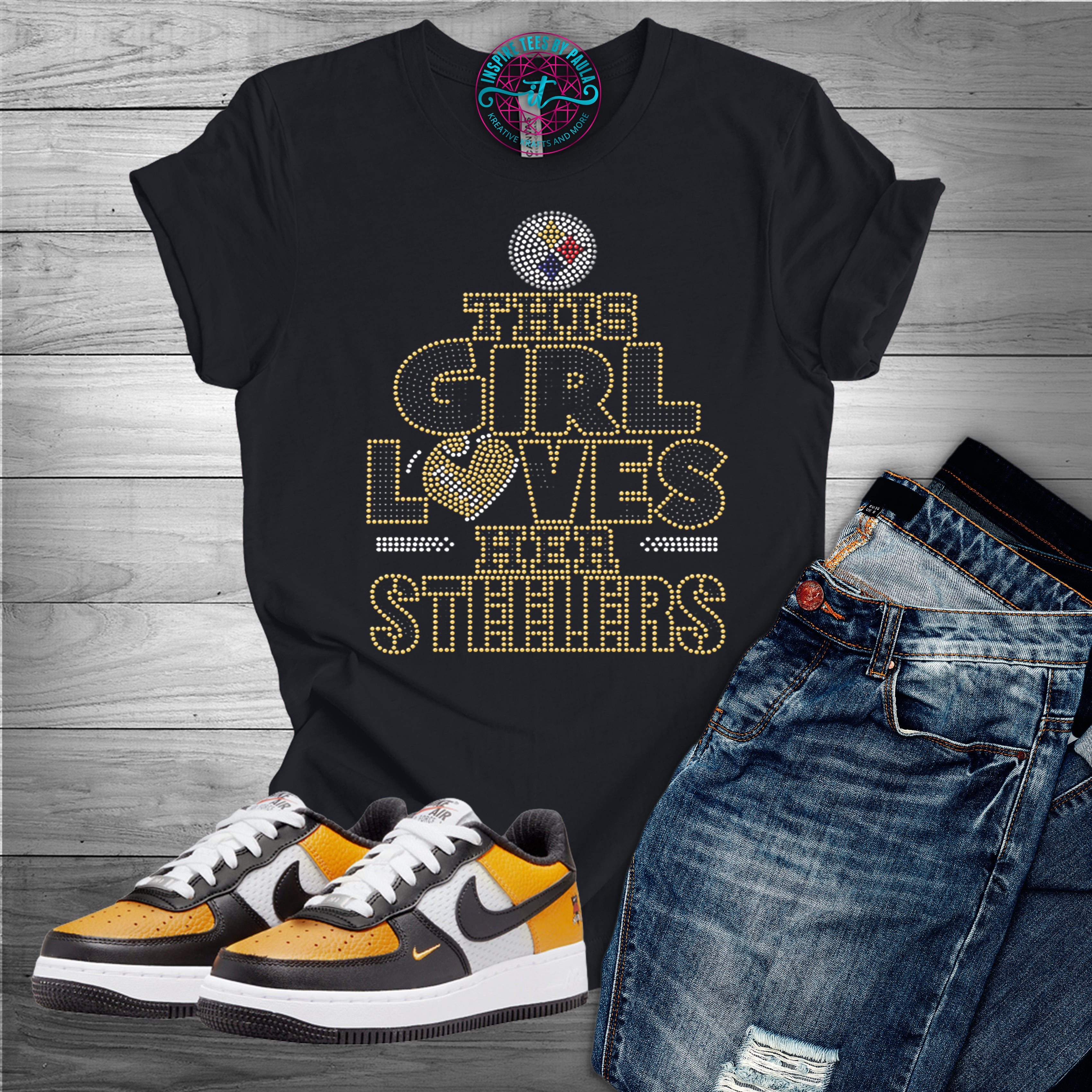 Women's Pittsburgh Steelers Blingy Rhinestone T-Shirt - Small/Medium