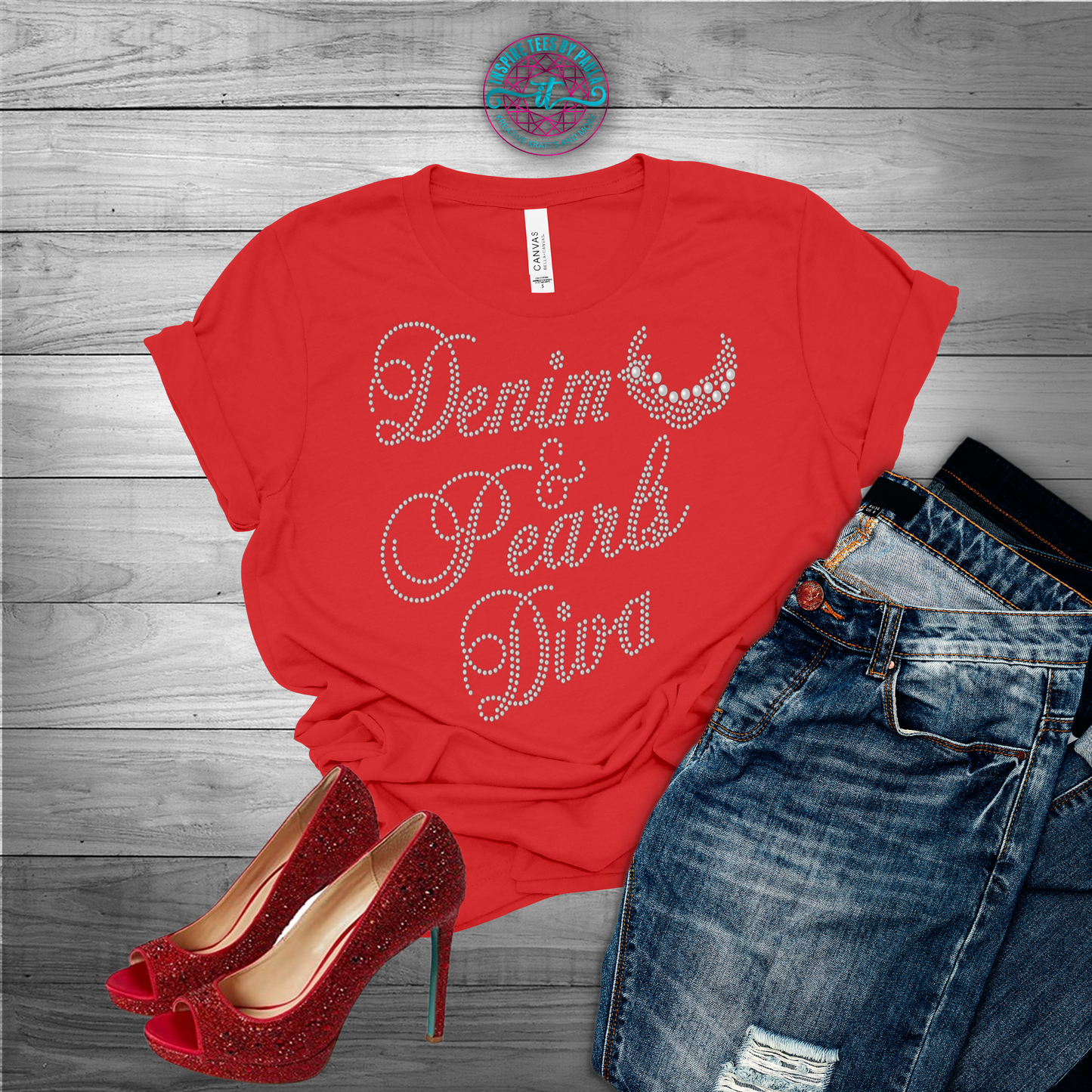 Denim & Pearls Diva Bling Tee ( Red Tshirt) order for Tammy Perine