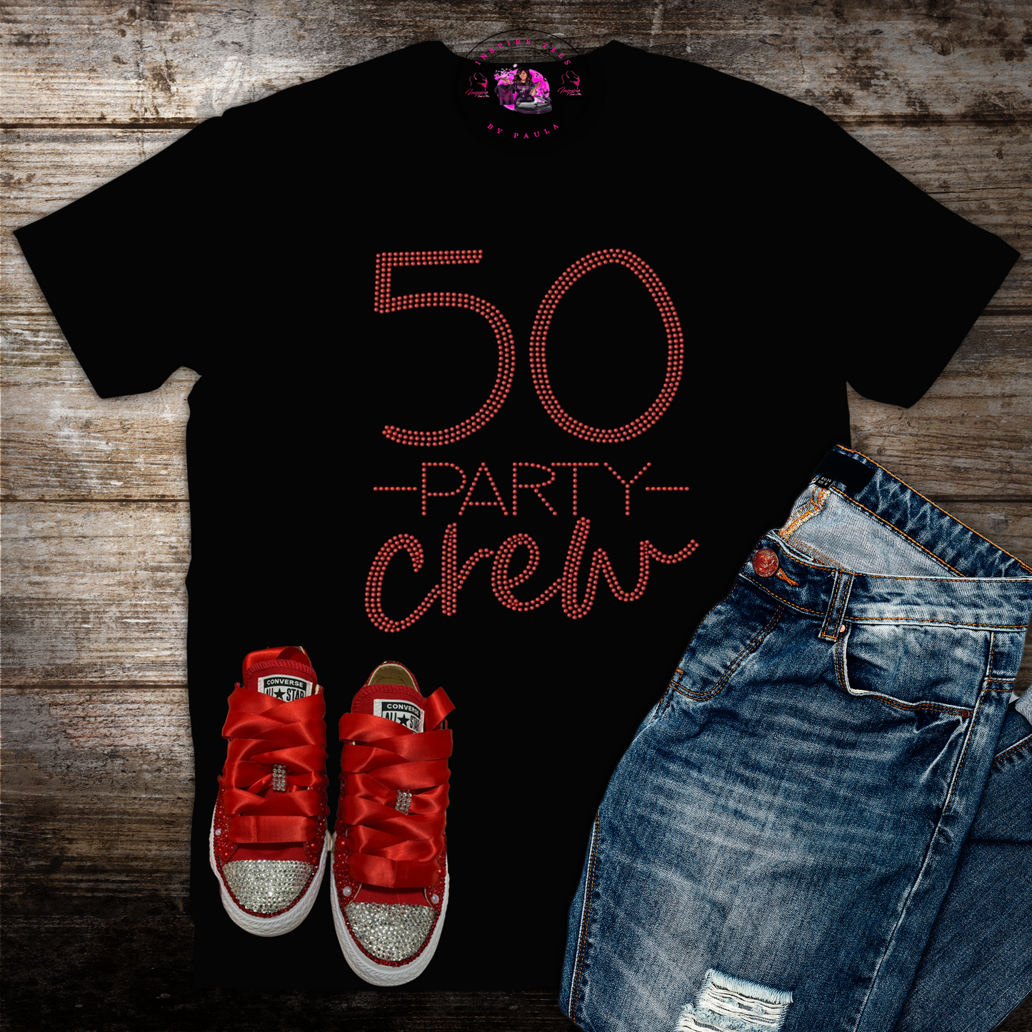 50 Party Crew bling tee (red rhinestones)